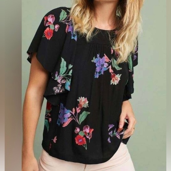 Anthropologie MAEVE Floral Prato Flutter Tee Blouse XS - Picture 1 of 7